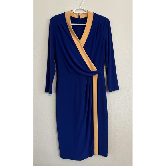 Kasper Women's Blue‎ Colorblocked Faux-Wrap Sheath Dress Size Medium - Picture 1 of 9